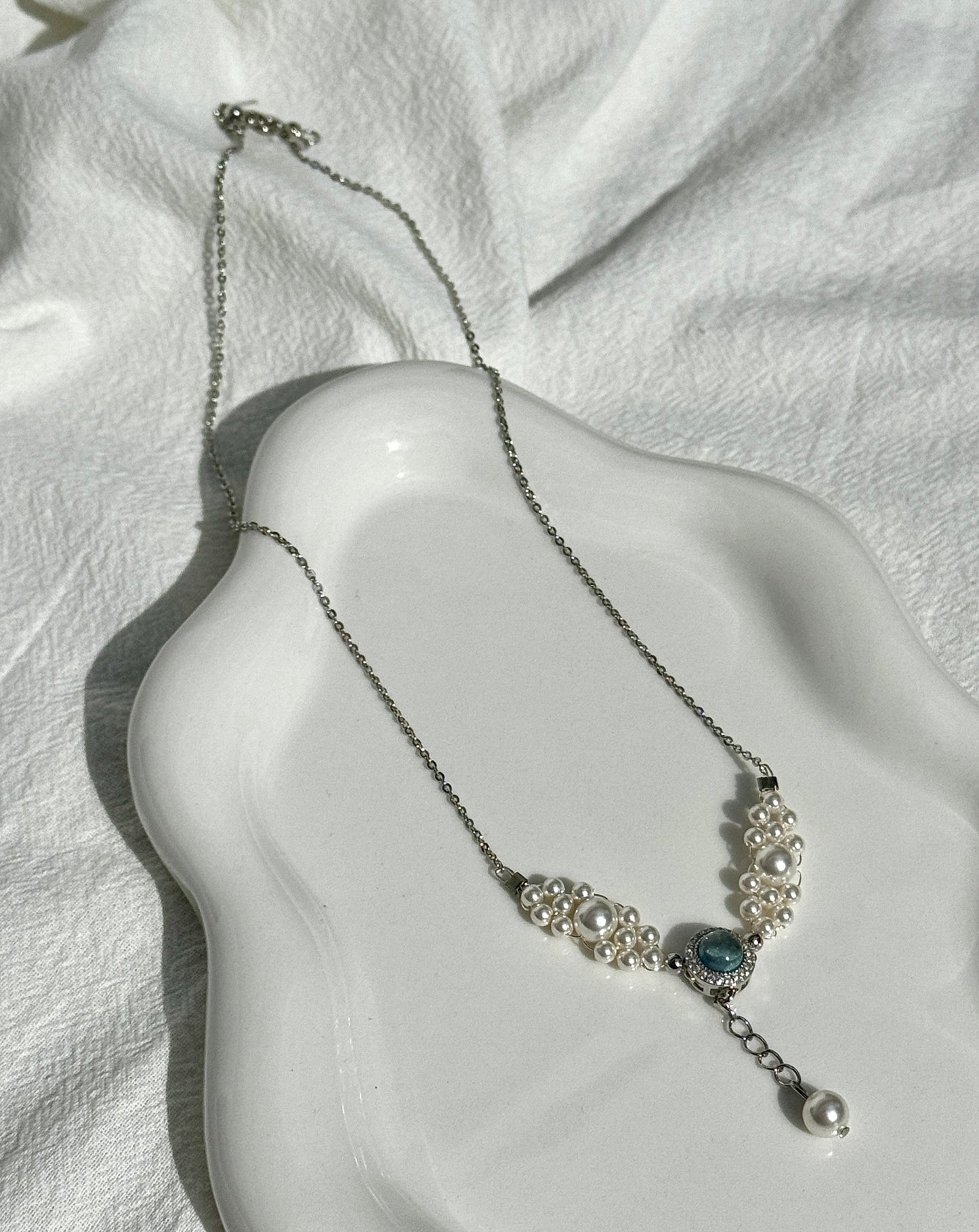 Aquamarine Pearl Silver Necklace