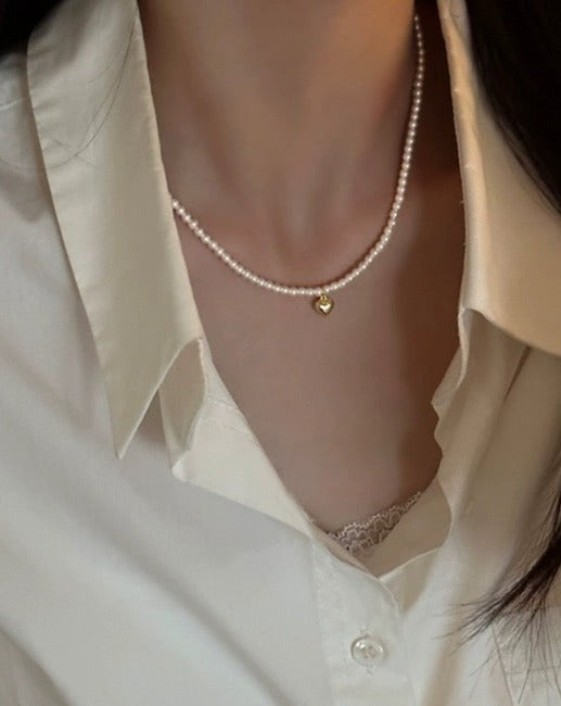 Gold Heart Pearl Choker Necklace