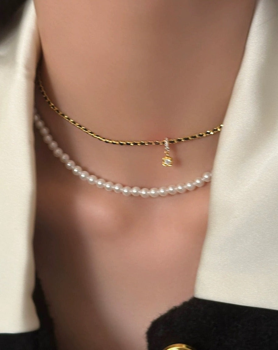 Luxury Gold Calvi Choker Stackable Necklace with pearl