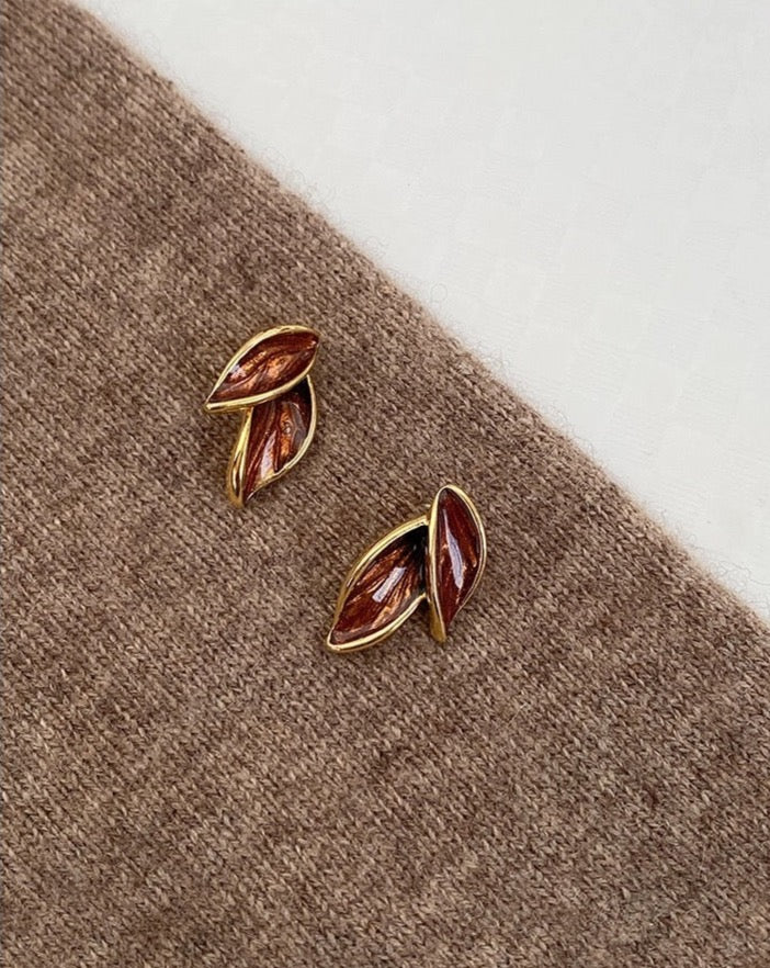 Brown Maple Leaf Drip Glaze Falling Leaf Earrings