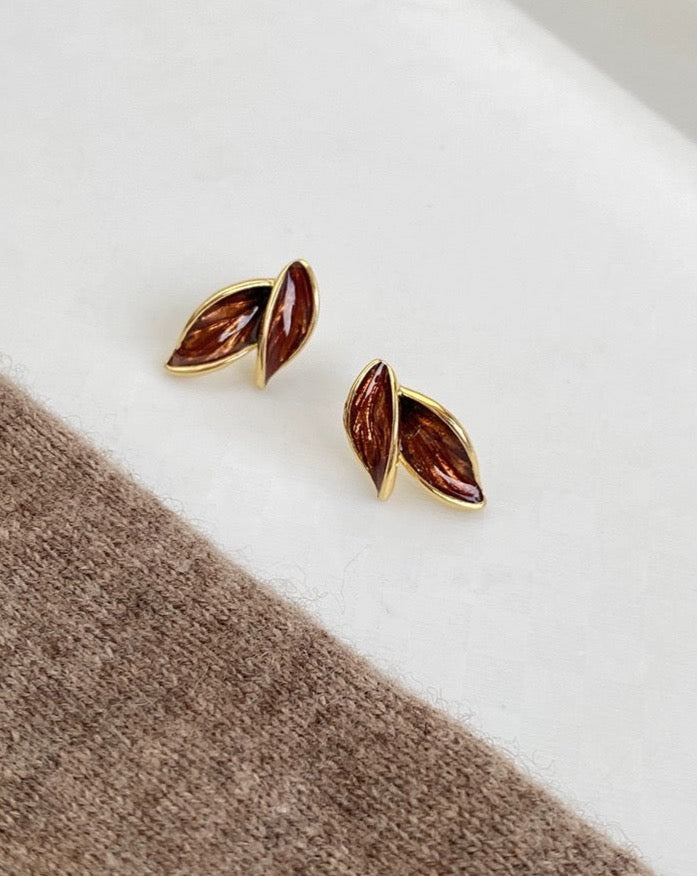 Brown Maple Leaf Drip Glaze Falling Leaf Earrings
