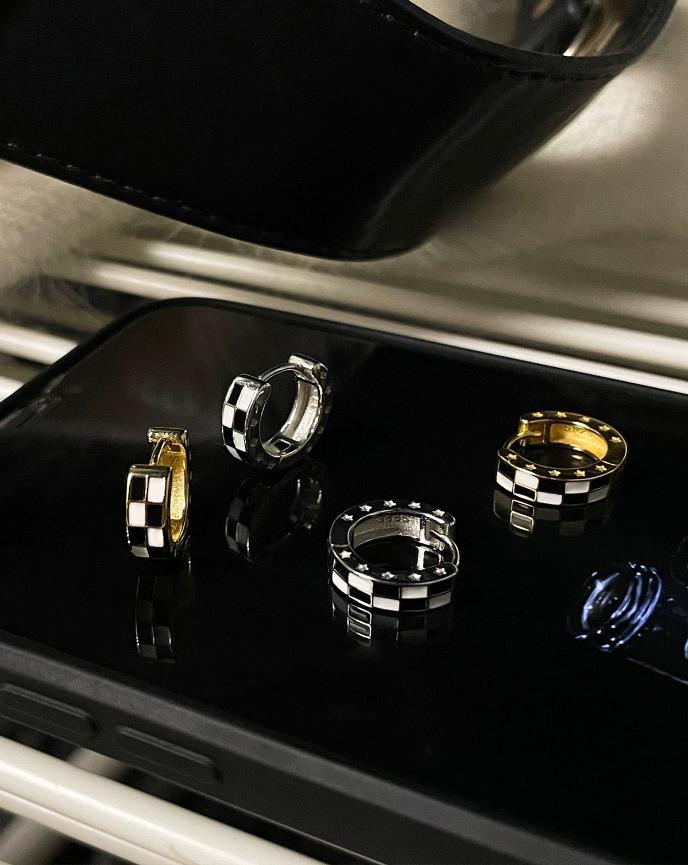 Checkerboard Hoop Earrings in Gold and Silver