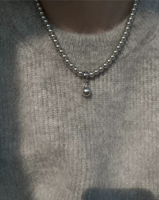 Classic Gray Pearl Pendant Detachable Unisex Silver Necklace