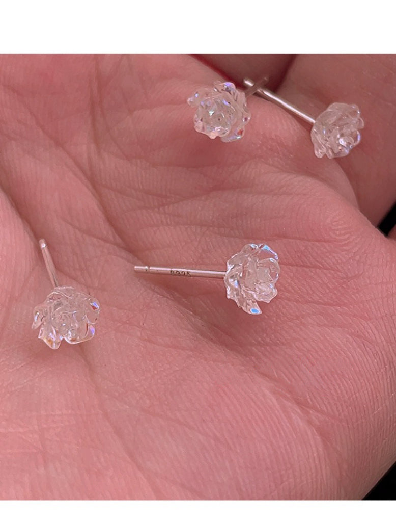 Clear Rose Flower Silver Earrings Close