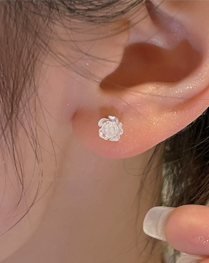 Clear Rose Flower Silver Earrings Close Model