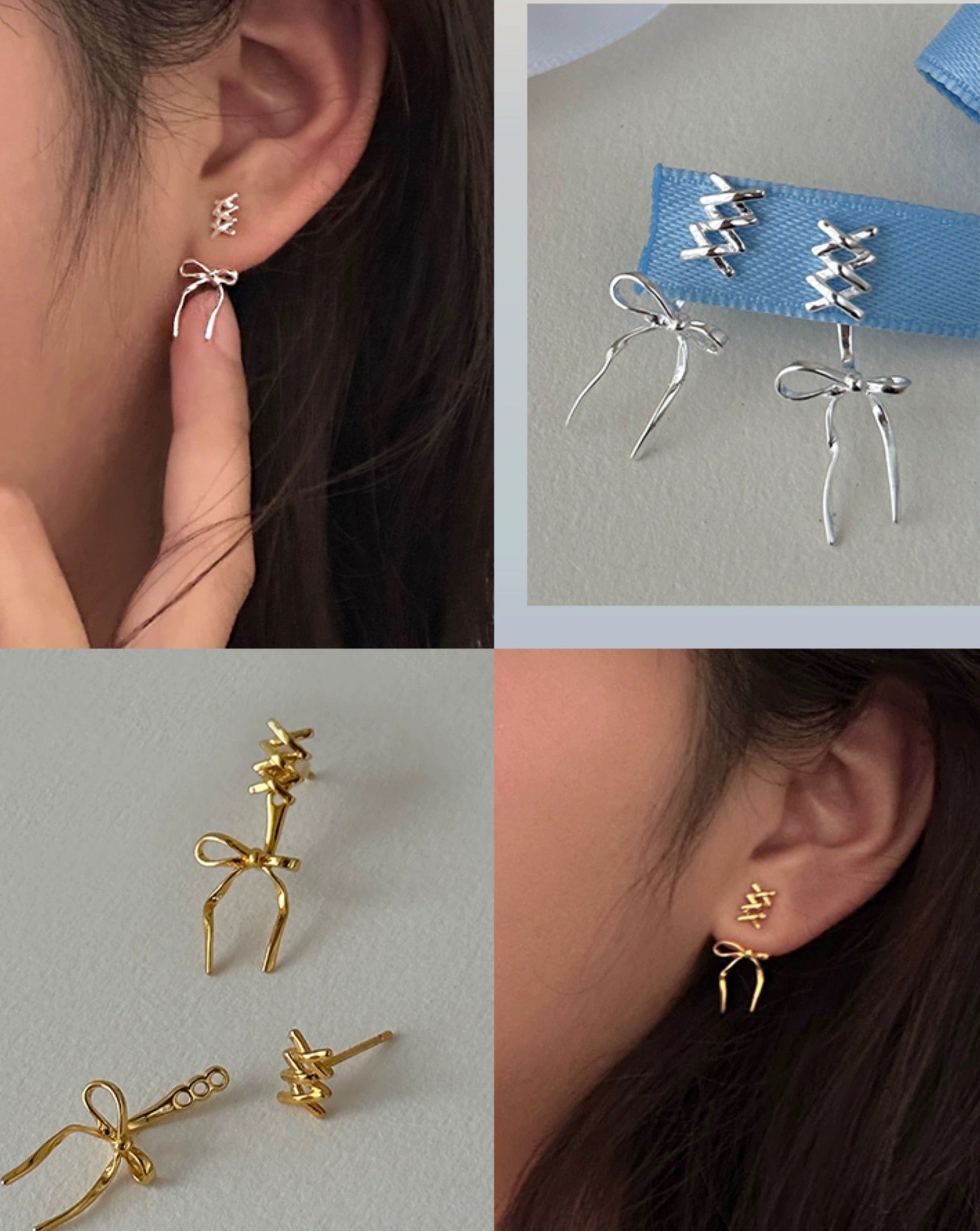 Elegant Ballet Bow Silver/Gold Ribbon Silver Earrings