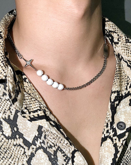 Festive Eye-Catching Reflective Pearl Cross Necklace