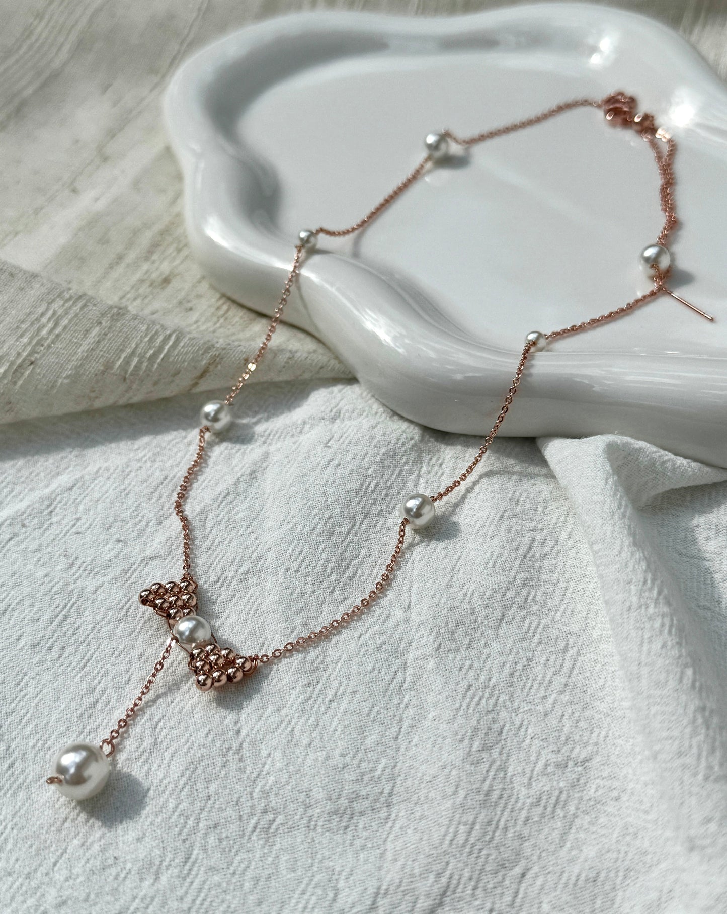 Handmade Starry Sky 14k Rose Gold Bow Pearl Necklace