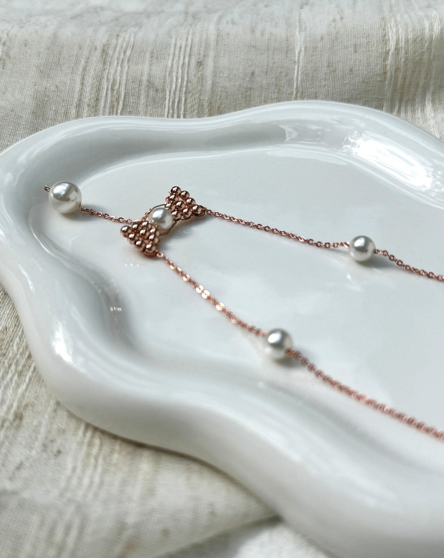 Handmade Starry Sky 14k Rose Gold Bow Pearl Necklace