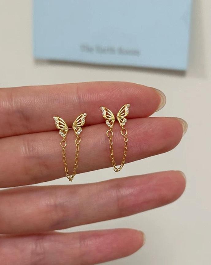 Gold Butterfly Tassel Earrings Close Up