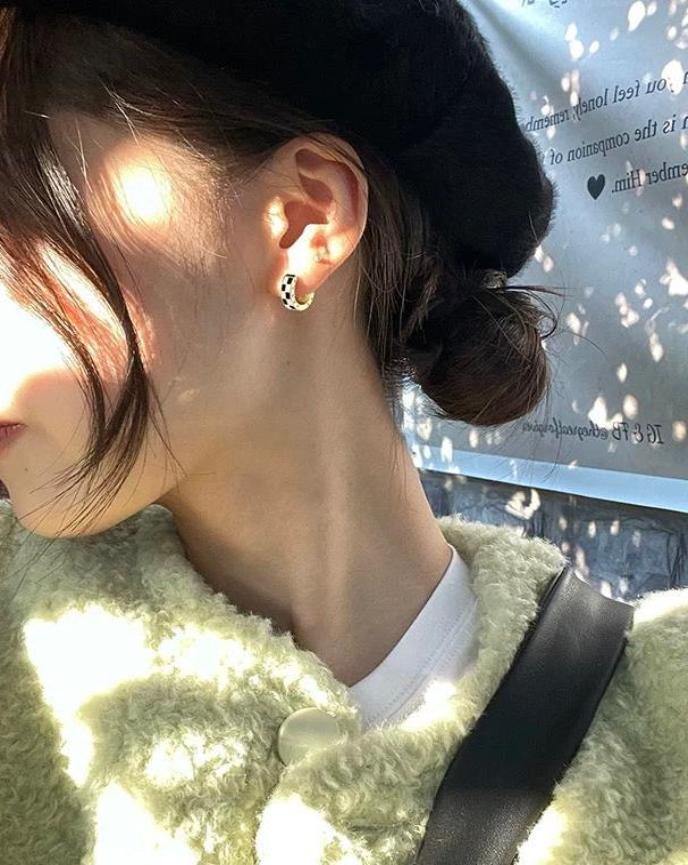 Gold Checkerboard Hoop Earring on Model