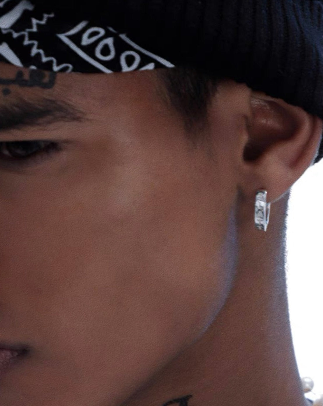 KREAM SLATT Engraved Ear Hoops Unisex Hip-hop Cultured Silver Earrings Side