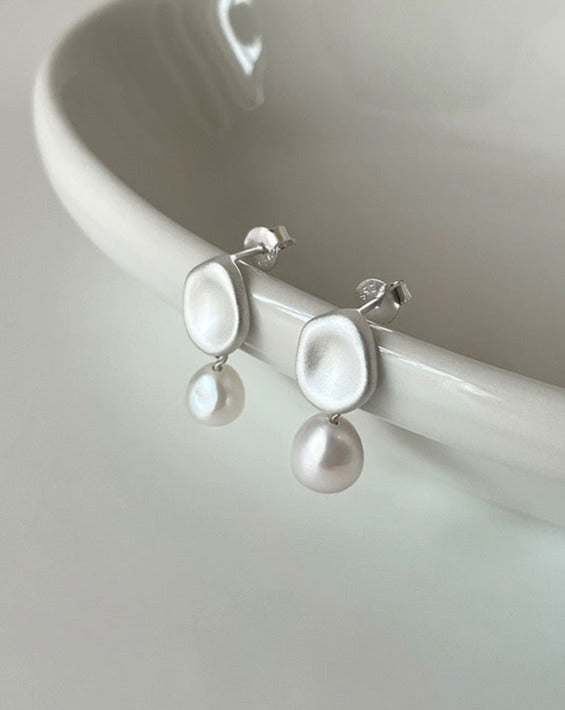 Minimalist Fresh Water Pearl Matte Silver Earrings Close Up
