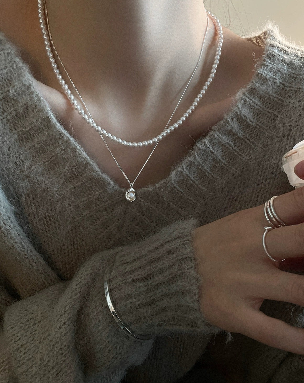 Pearl Pendant Silver Necklace stackable jewelry