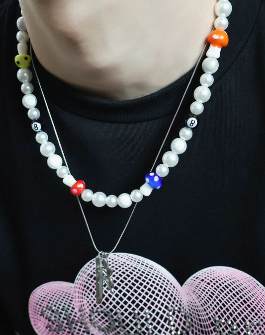 Rainbow Mushroom Beaded Pearl Necklace