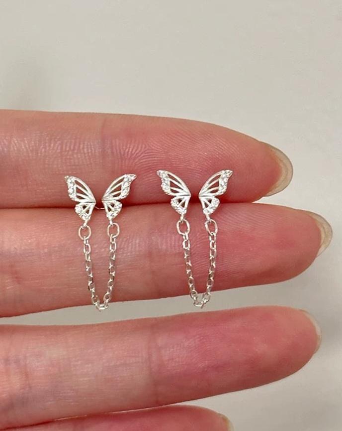 Silver Butterfly Tassel Earrings Close Up