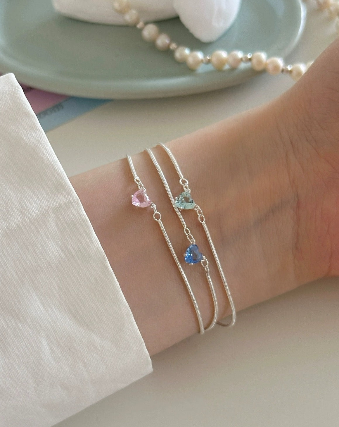 Snake Bone 925 Sterling Silver Bracelet with Colorful Heart Zirconia Bracelet