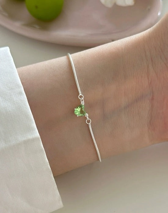 Snake Bone 925 Sterling Silver Bracelet with Green Heart Zirconia Bracelet