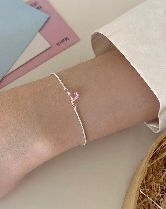 Snake Bone 925 Sterling Silver Bracelet with Pink Heart Zirconia Bracelet on model
