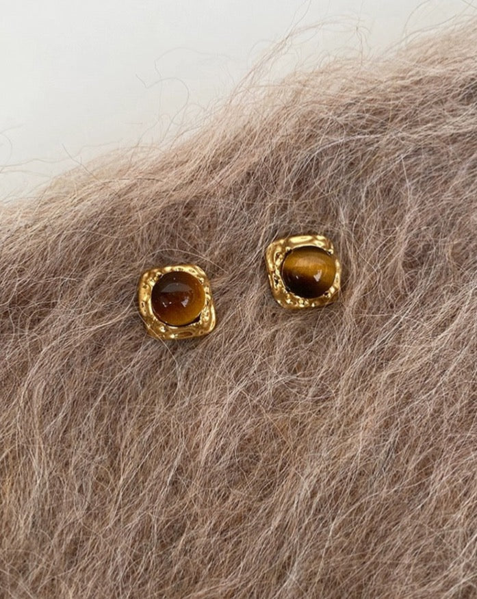 Minimalist Vintage Gold-Plated Earrings adorned with Tiger's Eye Crystal